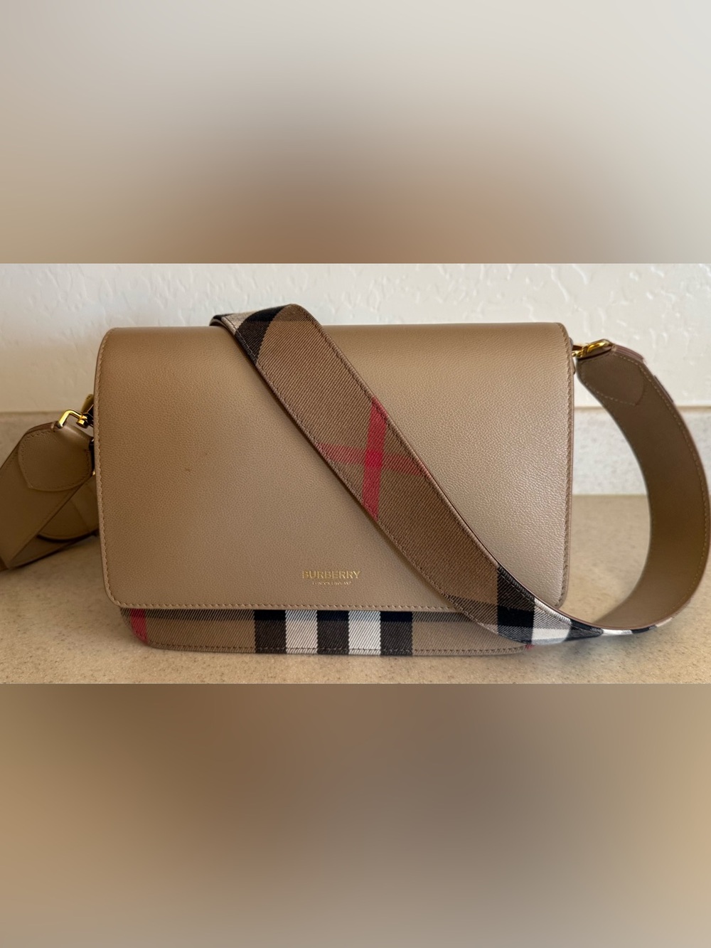 Burberry Taupe Leather Cross Body/Shoulder Bag with Adjustable Check Strap